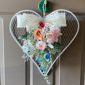 Shabby romantic Farmhouse chicken wire heart door decor, Valentine’s Day heart wall decor, Mother’s Day heart and floral gift