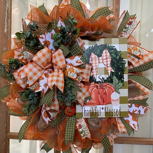 fall pumpkin spice front door wreath, Thanksgiving door decor, autumn  ribbon wreath, fall deco mesh wreath, farmhouse fall wall decoration