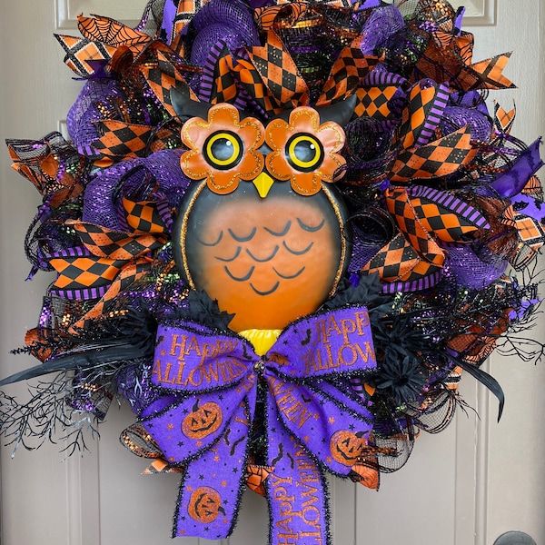 Owl Deco Mesh Wreath Etsy