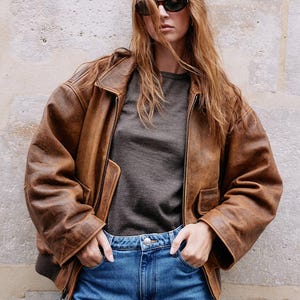 Distressed Brown Leather Aviator Jacket Oversized Fit, Vintage Look
