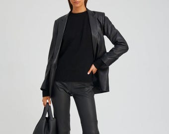 Black Leather Blazer Relaxed Fit Single Breasted Lambskin Jacket