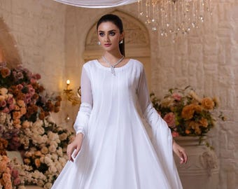 Pakistani Stitched 2 Piece Chiffon Kalidar Frock, White Flared Long Maxi Dress for Party Pure Chiffon Anarkali Dress, Ethnic Long Gown