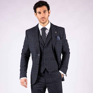 Men’s Blue Tweed 3 Piece Suit with Blue Check | Gatsby Vintage 1920s Tailored Fit Blinders Style Wool Feel Prince of Wales Suit