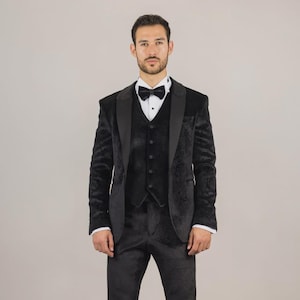 Men’s Blue Velvet Tuxedo 3-Piece Suit – Wedding Groom Suit with Black Satin Lapel | Formal Dinner Jacket, Prom, Custom Tailored