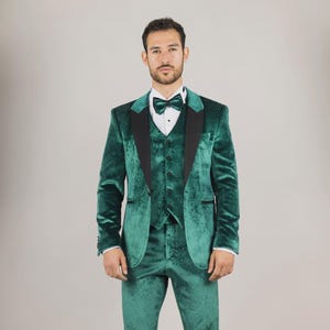 Men’s Green Velvet Tuxedo 3-Piece Suit – Wedding Groom Suit with Black Satin Lapel | Formal Dinner Jacket, Prom, Custom Tailored