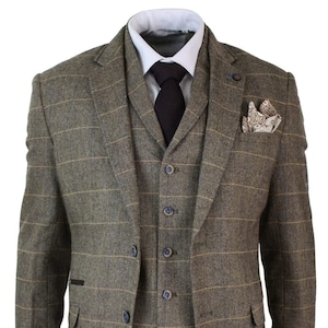 Men’s Tan Tweed Suit 3 Piece | Herringbone Check Suit | Vintage Wedding Suit | Wool Look Groom Suit | Formal Suit for Men