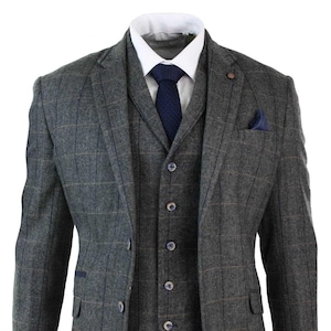 Men’s Charcoal Tweed Suit 3 Piece | Herringbone Check Suit | Vintage Wedding Suit | Wool Look Groom Suit | Formal Suit for Men