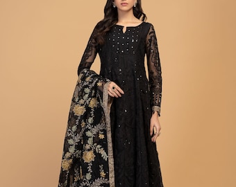 Maria B Style Embroidered Organza Frock Suit | 3 Pc Pakistani Outfit | Cotton Satin Trousers | Formal Eid Dress | Desi Party Wear