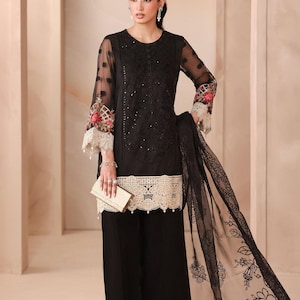 Maria B Style Black Organza Jacquard Suit | 4 Pc Embroidered Pakistani Outfit | Pearl Drop Dupatta | Eid Formal Wear | Desi Dress