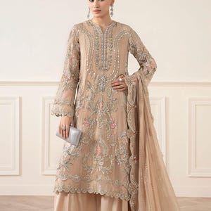 Maria B Style Skin Chiffon Suit | 3 Pc Hand-Embellished Pakistani Outfit | Dhaka Trouser | Diamanté Dupatta | Eid Formal Desi Dress