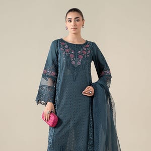 Maria B Style Blue Schiffli Lawn Suit | 3 Pc Embroidered Pakistani Dress | Organza Dupatta | Pearl Details | Eid Desi Formal Outfit