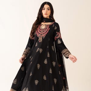 Maria B Style Embroidered Lawn Karandi Frock | 3 Pc Pakistani Outfit | Net Embroidered Dupatta | Eid Desi Dress | Formal Wedding Wear