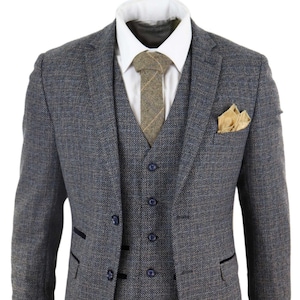 Men&#39;s Navy Blue 3 Piece Tweed Suit | Tailored Fit Peaky Blinders Style | Vintage Check Blazer, Waistcoat & Trousers