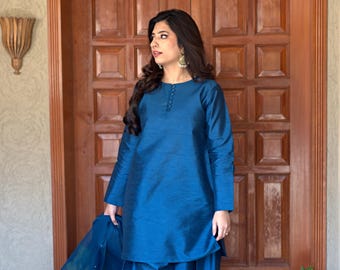 Raw silk Teal Farshi Shalwar Suit  3-Piece Kurta Outfit with Organza Dupatta Pakistani Dresses Farshi Shalwar Kameez for Wedding, Party