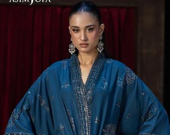 Pakistani Designer Dress Asim Jofa Embroidered Boski Silk Pakistani Suit Party Wear Wedding Long Shirt Ready Made Outfit For Women