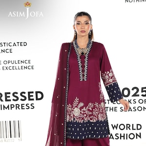Asim Jofa Magenta Salwar Kameez | Silk 3 Piece Suit for Women | Navy Embroidery | Chiffon Dupatta | Indian Pakistani Eid Party Outfit