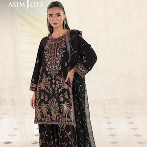 Asim Jofa Black Floral Embroidered Salwar Kameez | 3 Piece Silk Suit | Chiffon Dupatta | Pakistani Eid Outfit | Indian Wedding Wear