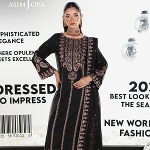 Asim Jofa Black Embroidered Salwar Kameez | 3 Piece Silk Suit for Women | Chiffon Dupatta | Pakistani Eid Party Dress | Indian Formal Outfit