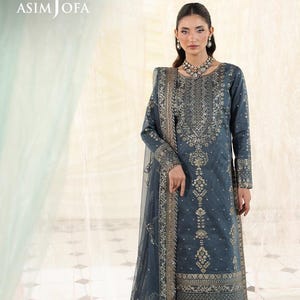 Asim Jofa Grey Embroidered Salwar Kameez | 3 Piece Cotton Net Suit | Net Dupatta | Pakistani Party Wear Dress | Indian Wedding Outfit
