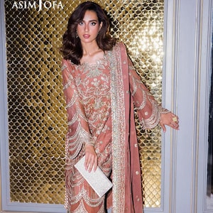 Asim Jofa Peach Chiffon Straight Shirt with Embroidered Dupatta & Super Silk Trouser | Elegant Festive Wear Ensemble Pakistani Salwar Kameez