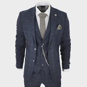 Men’s Navy Wool Tweed 3 Piece Suit | Tailored Fit Vintage Check Wedding Blazer Set | Classic British Style | Khanani’s