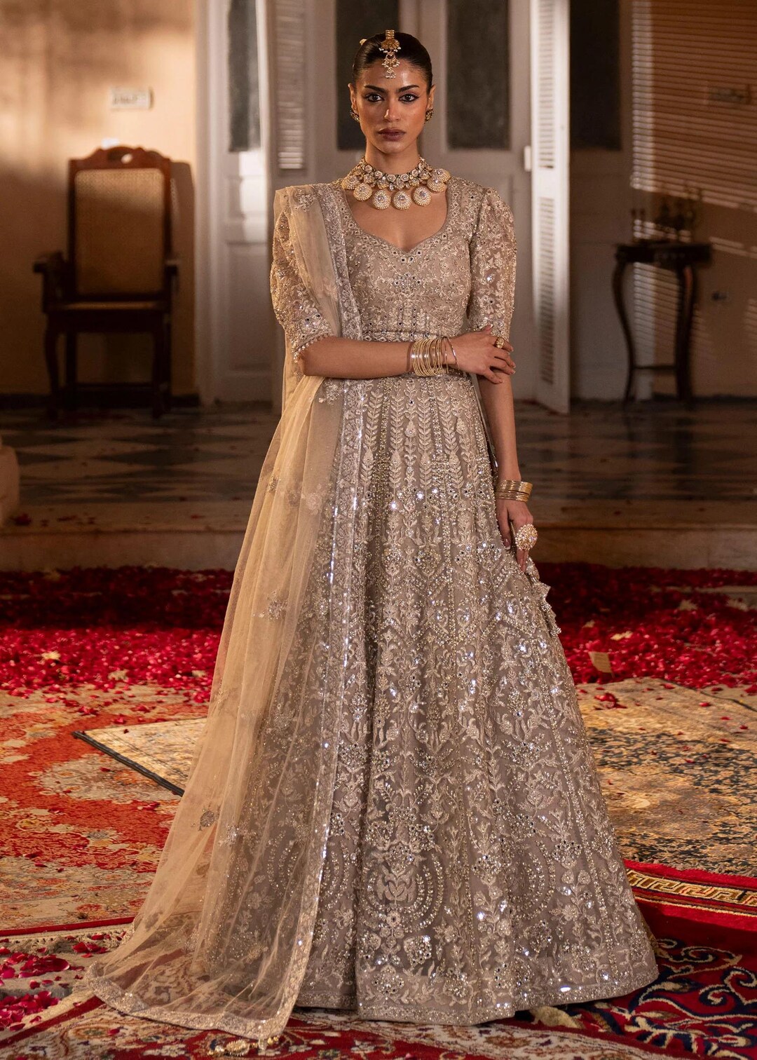 Valima Roti Set Grey Net Lehenga Choli Set 3 Piece, Flared Lehenga With Dupatta, Valima ...