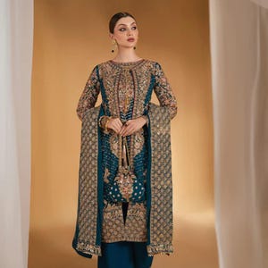 Blue Embroidered Gown Set | 5 Piece Outfit with Dupatta, Straight Trouser, Outerwear & Potli | Pakistani Indian Party Wear