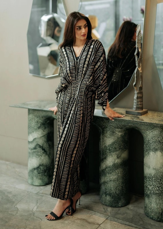 black kaftan party dress kaftan dress party wear Women's Georgette Black Party Wear Kaftan Dress   Plum and Peaches
