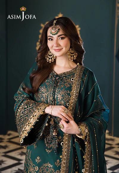 Teal & Gold Embroidered Pakistani Suit: Luxury Lawn Chiffon Dress