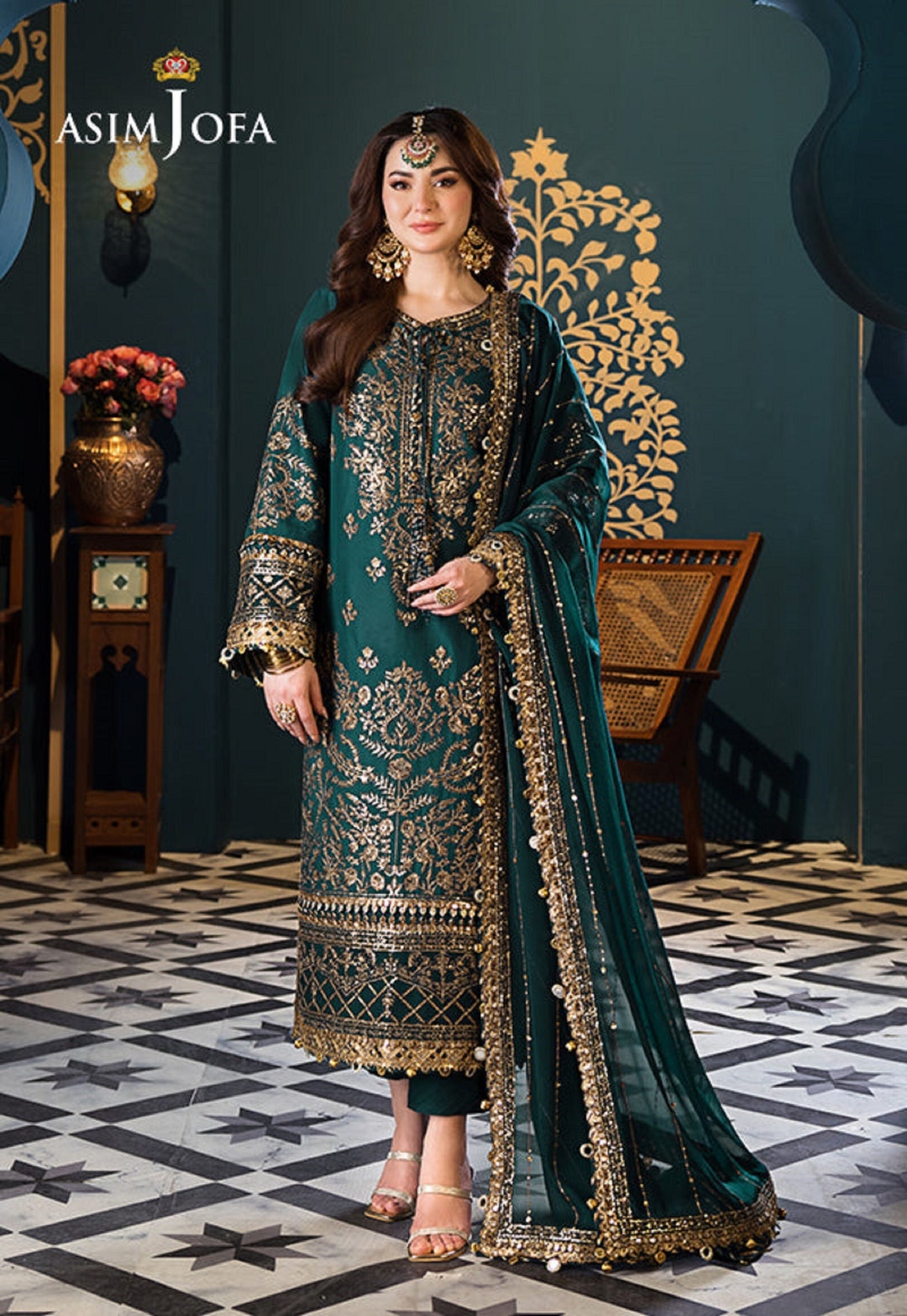 Teal & Gold Embroidered Pakistani Suit: Luxury Lawn Chiffon Dress