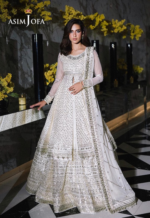 asim jofa formal dresses Ivory Embroidered Net Pakistani Wedding Salwar Kameez
