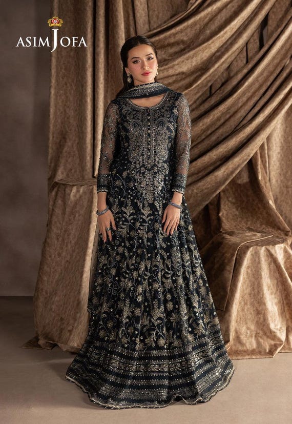 Navy Blue Embroidered Kalidaar Dress: Pakistani Formal Gown With Silk  Trouser - Etsy Israel