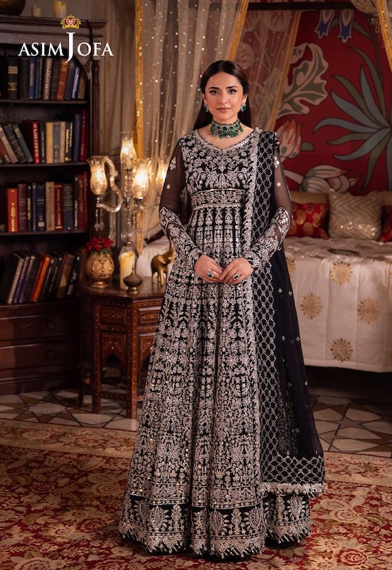chiffon designer dresses pakistani Black Embroidered Chiffon Pakistani Dress, Silk Trouser, Wedding Wear