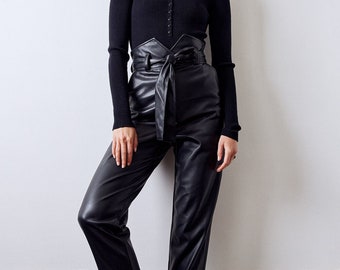 Handmade Black Leather Pants: High Waisted Biker Style
