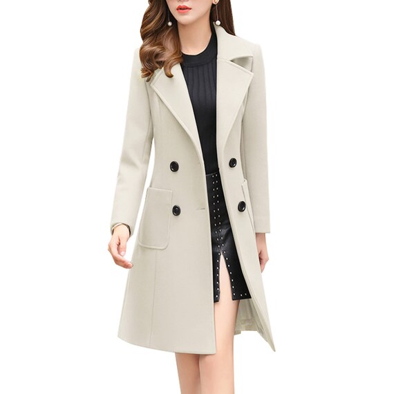 Women elegant notched collar double breasted wool blend over coat Clearance