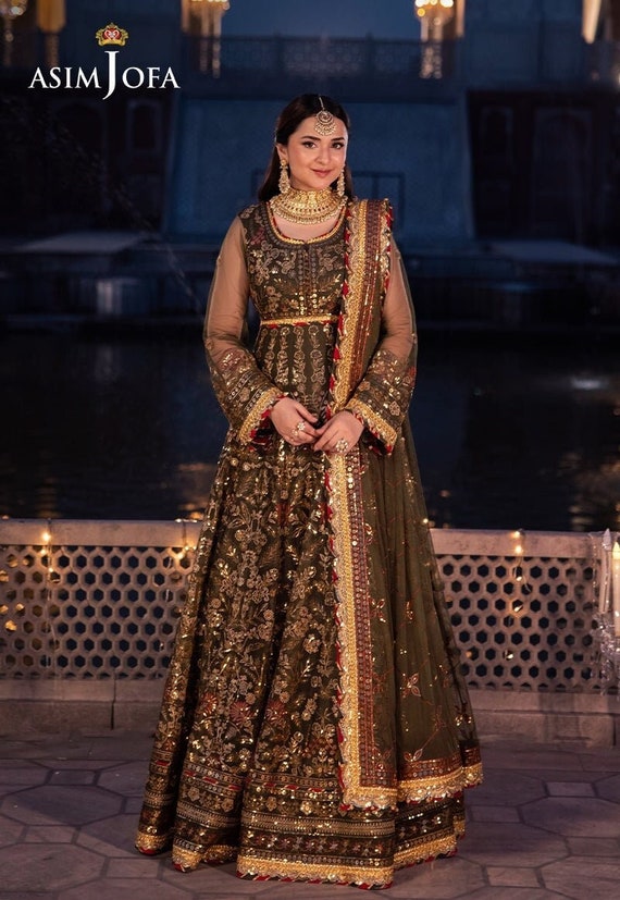 Green Embroidered Chiffon Maxi Dress: Pakistani Wedding Party Gown - Etsy