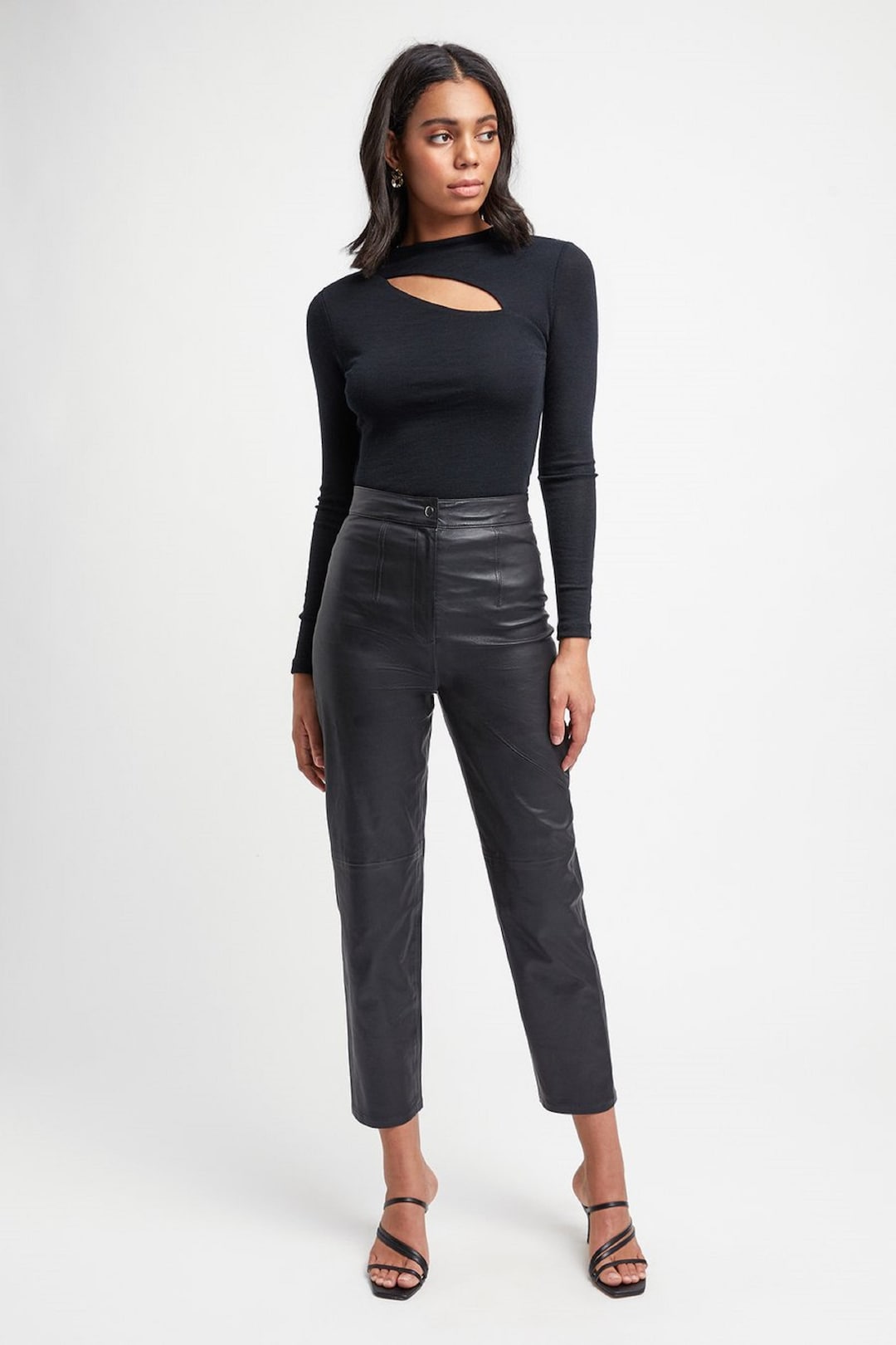 Black High Waisted Leather Hot Pants L Genuine Leather Biker Pants for