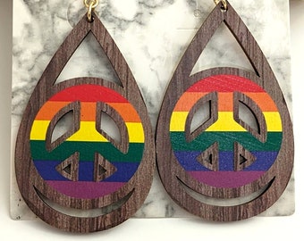 Peace Sign Earrings, Hippie Earrings, Boho Hippie Earrings, Hippie Jewelry, Peace Sign Wood Earrings, 60's Hippie Earrings, Peace Earrings