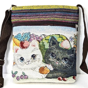 Animal Tapestry Crossbody Bag: Embroidered Elephant or Kittens Canvas Handbag