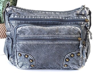 Blue Jean Leather Crossbody Handbag, Denim Look Leather Handbag, Leather Blue Jean Purse, Vegan Leather Blue Jean bag, Faux Blue Jean Purse