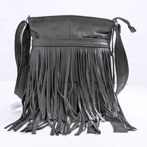 Genuine Leather Western Fringe Crossbody Bag - Dark Grey