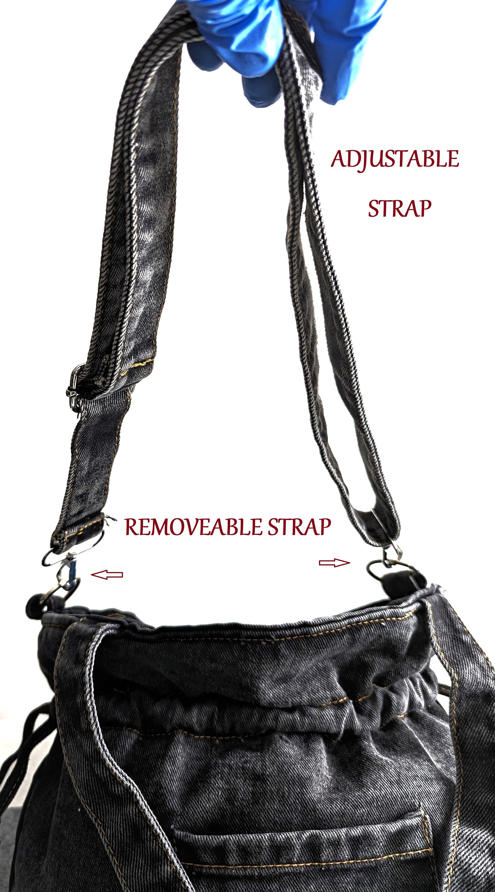 Ruched Black Denim Shoulder Bag: Adjustable Strap Jean Tote - Etsy
