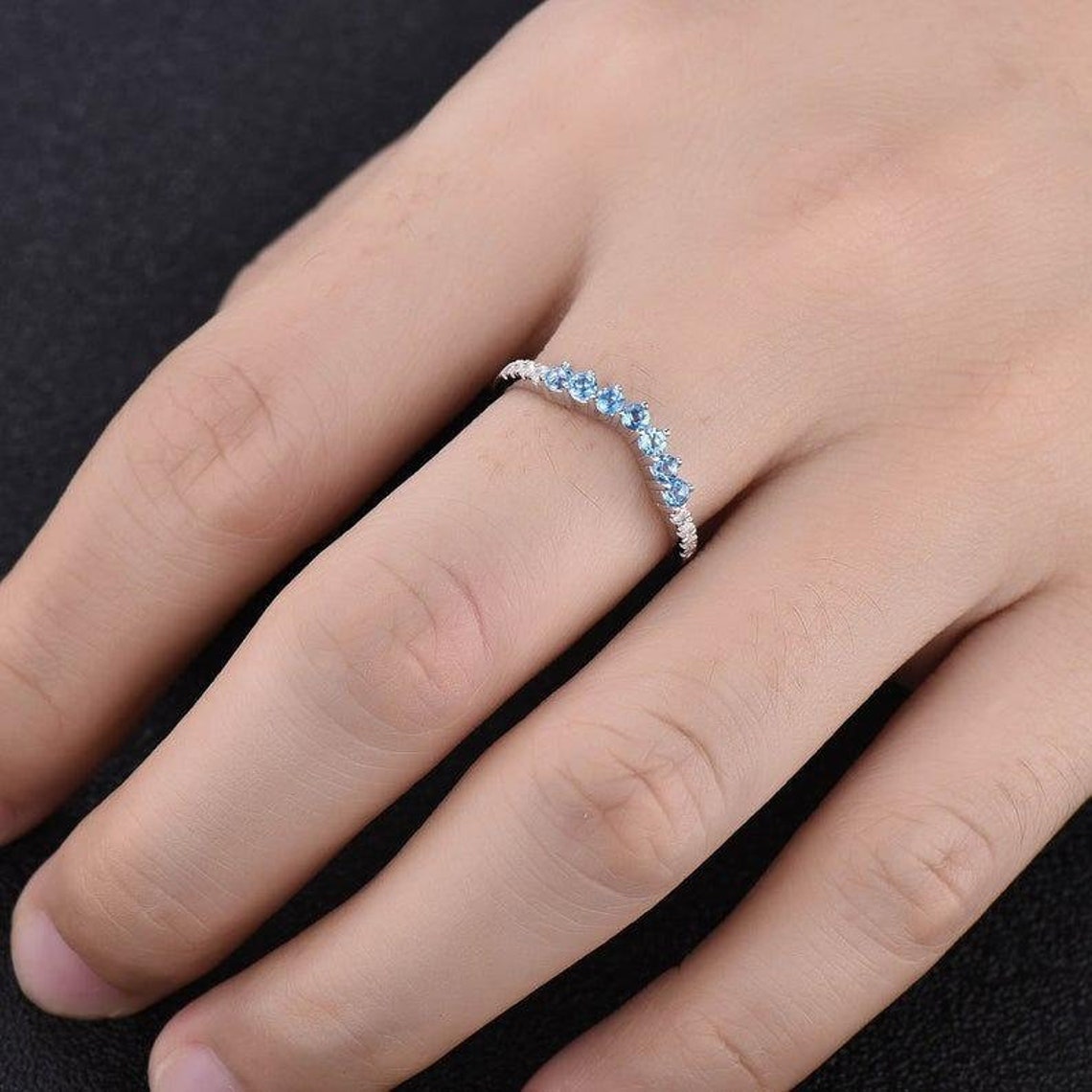 Blue Topaz Ring Wedding Ring Curved Stacking Ring Gemstone