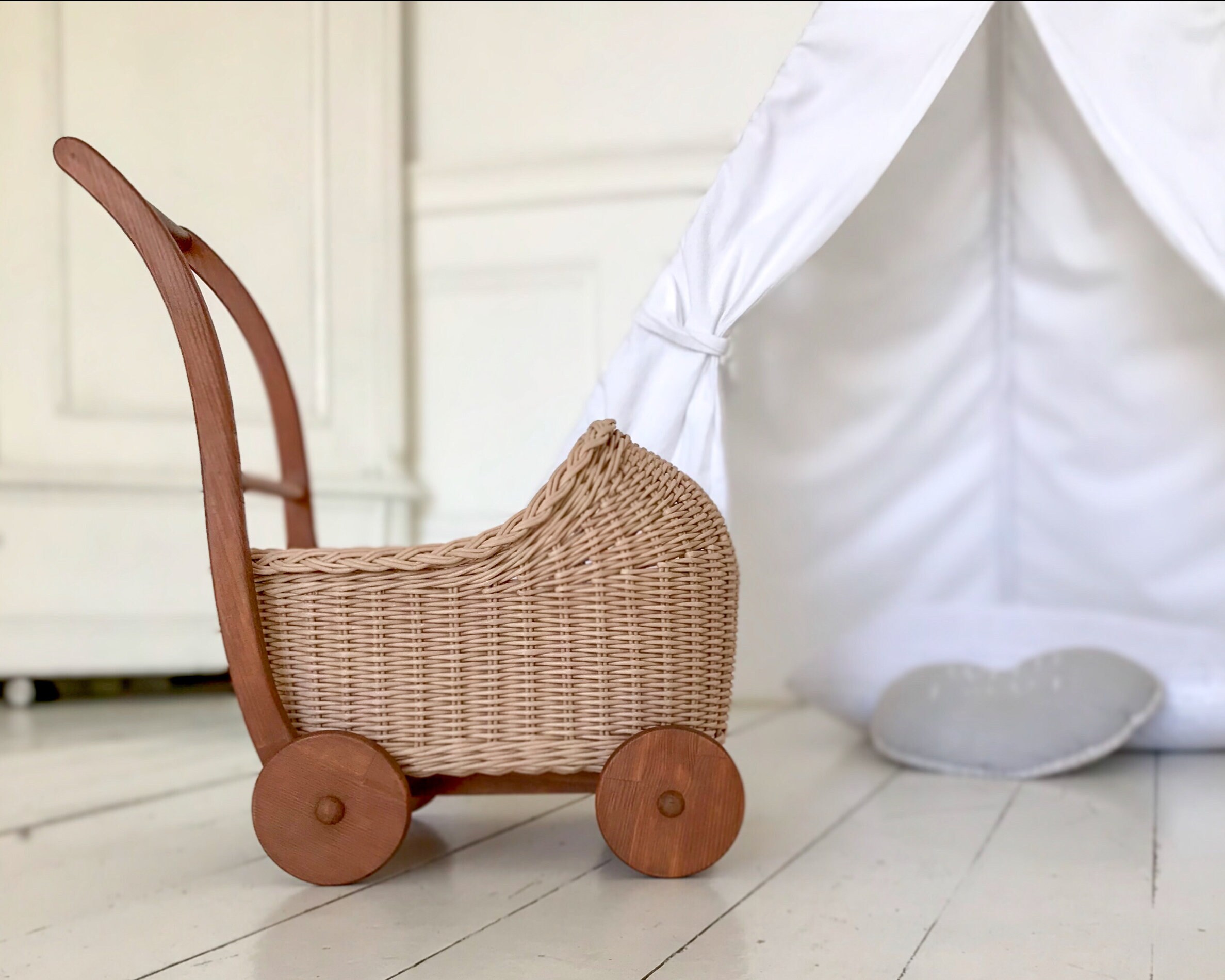 Wicker doll stroller Toy pram with rolling wheels as birthday Etsy