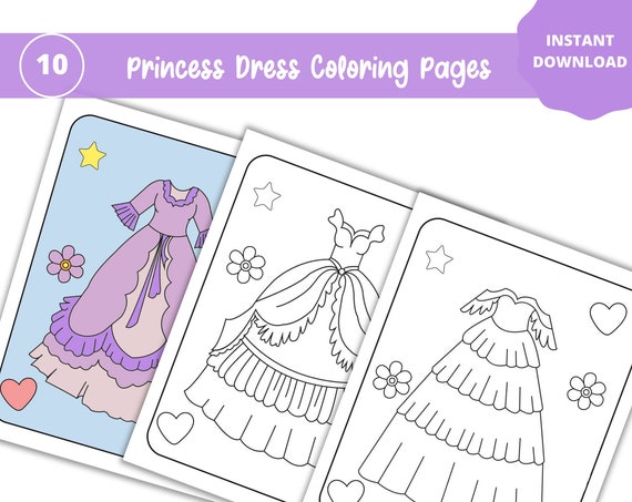 Princess Dress Coloring Pages - 10 Printable Princess Dress Coloring Pages for Girls, Princess Birthday Party Activity, Kids Birthday Party