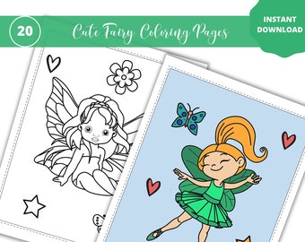 Cute Fairy Coloring Pages, Printable Fairy Coloring Pages for Kids, Teens, Fairy Birthday Activity,  Fairy Wall Art, INSTANT DOWNLOAD