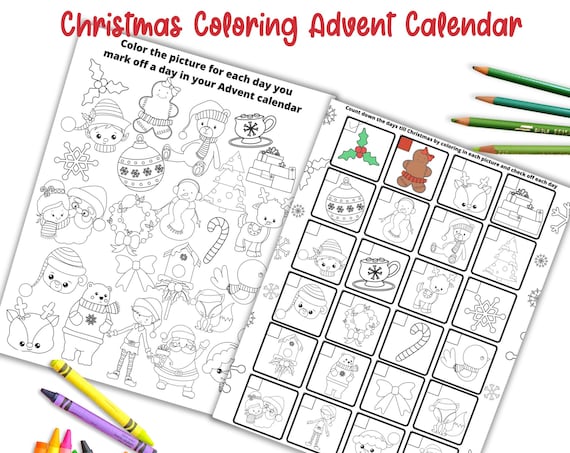 Coloring Christmas Advent Calendar, Printable Christmas Coloring Countdown Calendar, Holiday Coloring Pages, Kids Coloring Pages