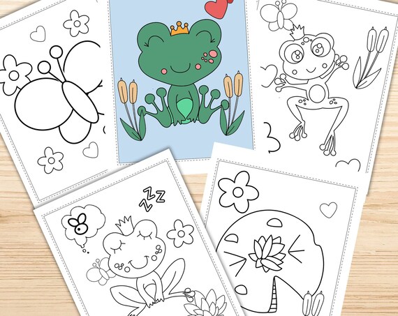 Cute Frog Coloring Pages, Printable Kids Coloring Pages, Frog Birthday Party Activity, INSTANT DOWNLOAD