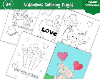 Valentine's Day Coloring Pages for Kids, 34 Designs (Digital Download)