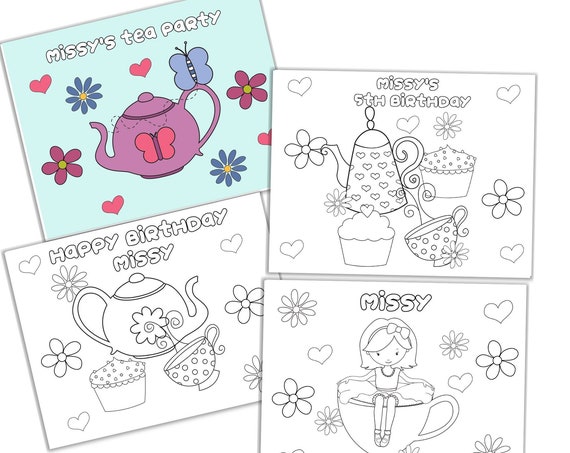 Horizontal Personalized Tea Party Coloring Pages, Custom Tea Party Coloring Pages, Coloring Pages for Kids